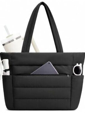 Quilted Puffer Laptop Tote Bag with Cup Holder, 15.6" Laptop Compatible, Work